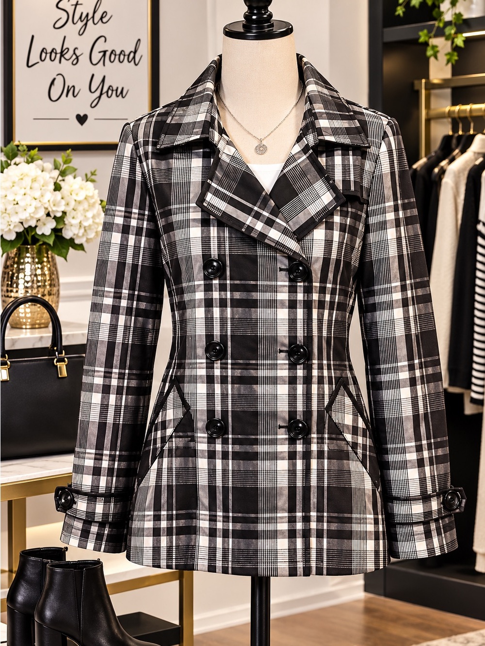 White House Black Market Black and White Plaid Jacket